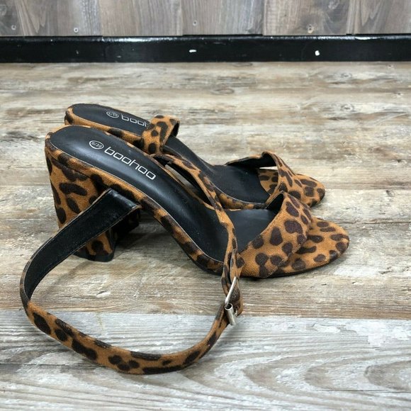 Boohoo Block Heel Leopard Print Sandals Wrap Ankle Size 8 Open Toe Brown Black - Picture 8 of 12